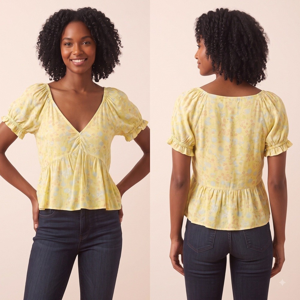 NWT ABOUND Yellow Floral Peplum V-Neck Puff Sleeveβ Babydoll Blouse Small